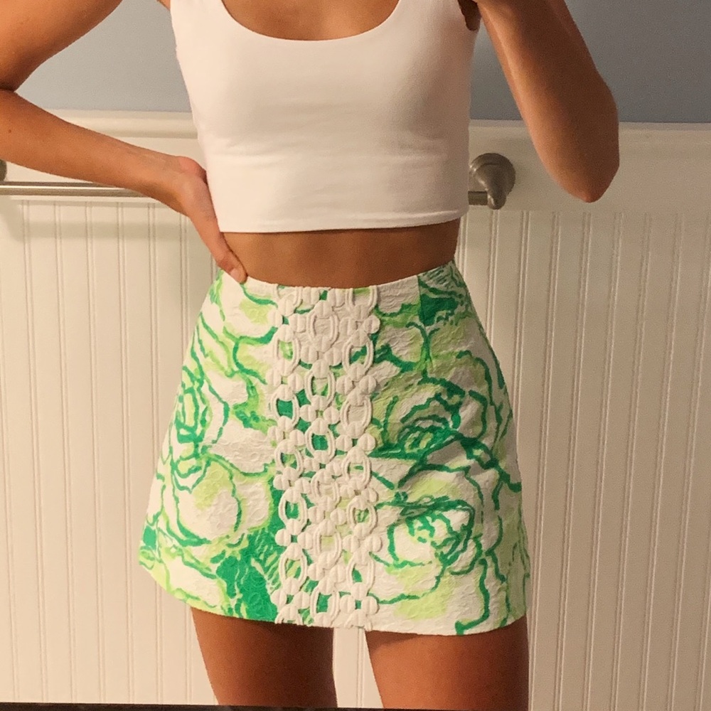 Lilly Pulitzer green & white floral and lace skirt